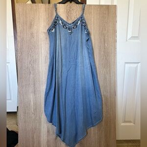 Blue Denim Dress with Floral Embroidery